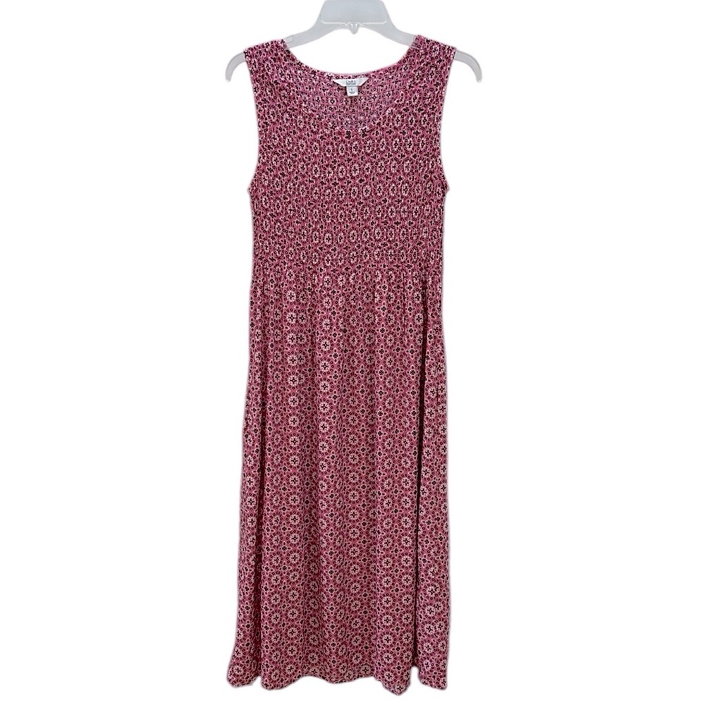 Croft & Barrow Pink Floral Print Smocked Bodice‎ Midi Tank Dress S Pockets